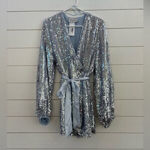Hausen Silver Sequin Wrap Long-Sleeve Mini Dress